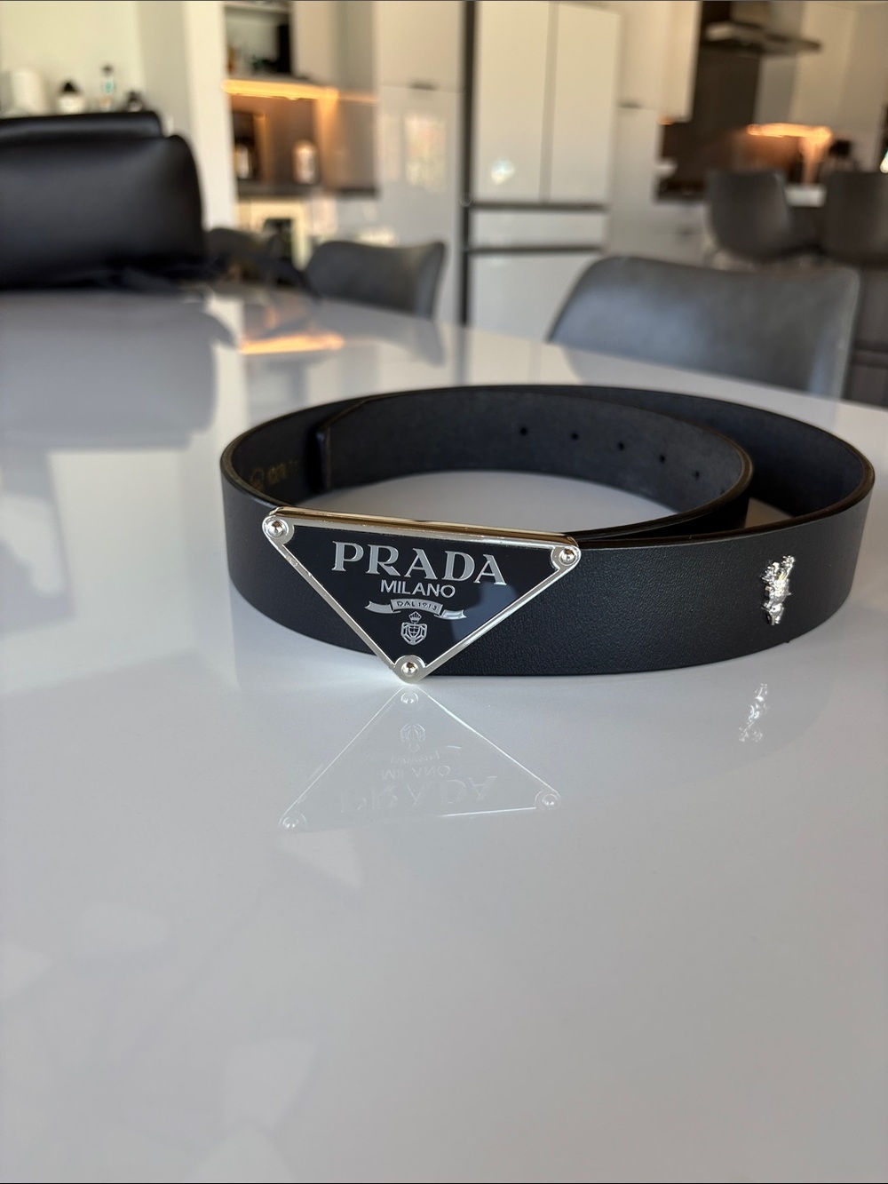 Prada Black Leather Men's Belt with Triangle Logo Plaque